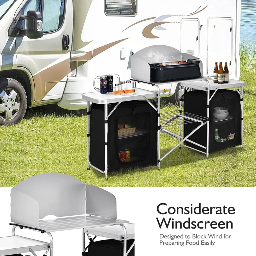 2026 NewCamping Kitchen Table with Storage, Aluminum Portable Outdoor Cooking Table with Windscreen, Foldable Camp Table Cook Station for BBQ, Grill, Party, Picnics