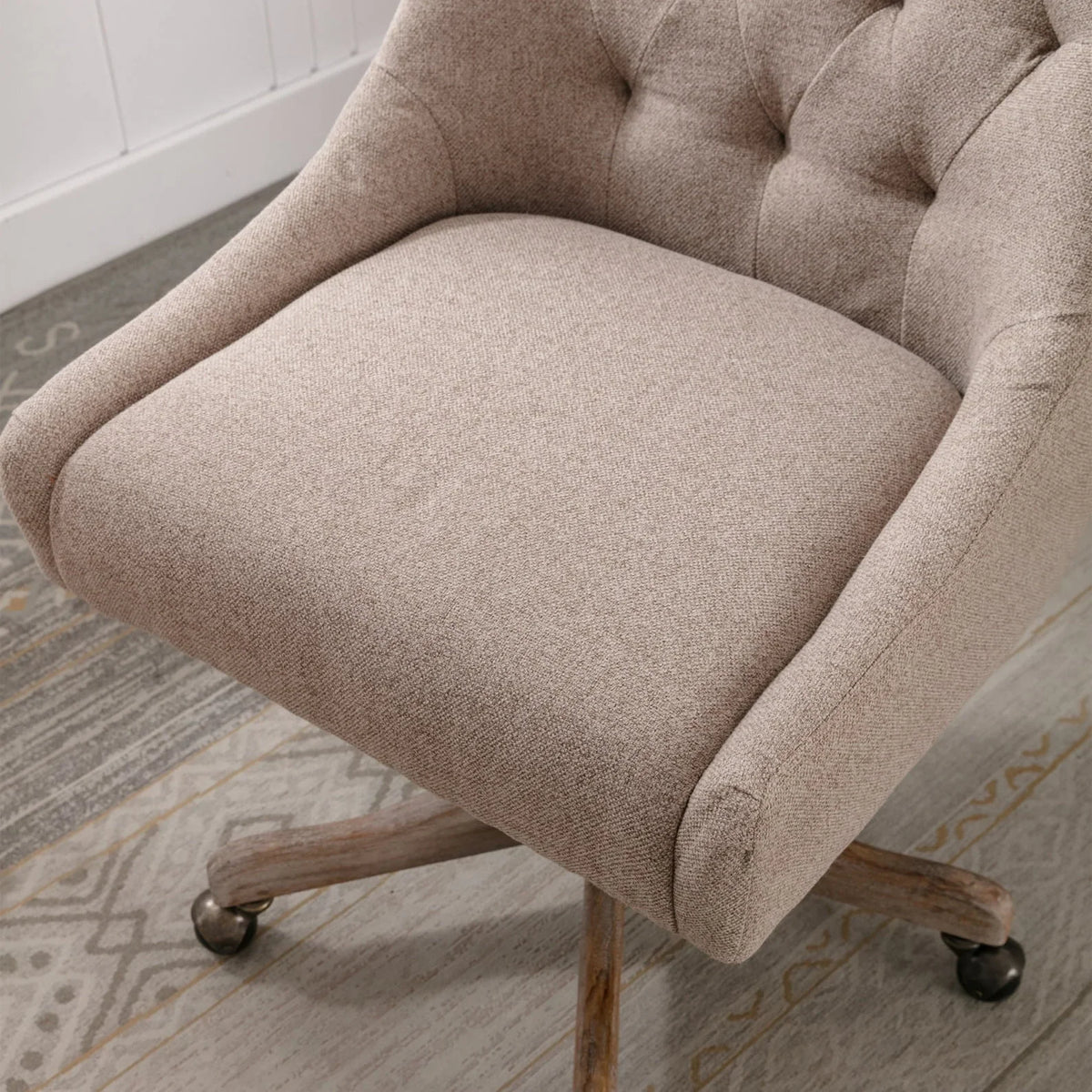 2026 New360 Degree Swivel Office Desk Chair, Upholstered Leisure Vanity Chair with Solid Wood Base and Wheels, Adjustable Height Computer Chair for Bedroom Living Room, Brown