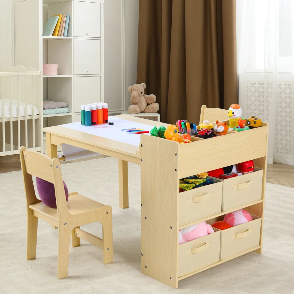 2026 NewPirecart Kids Art Table and 2 Chairs Toddler Craft Set Wooden Play Activity Drawing Table with 4 Storage Bins and Paper Roll