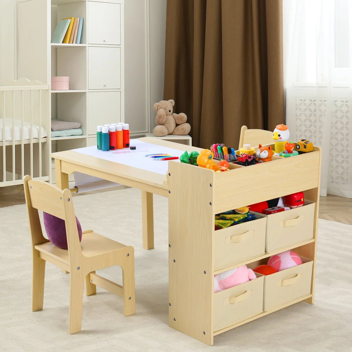 2026 NewPirecart Kids Art Table and 2 Chairs Toddler Craft Set Wooden Play Activity Drawing Table with 4 Storage Bins and Paper Roll