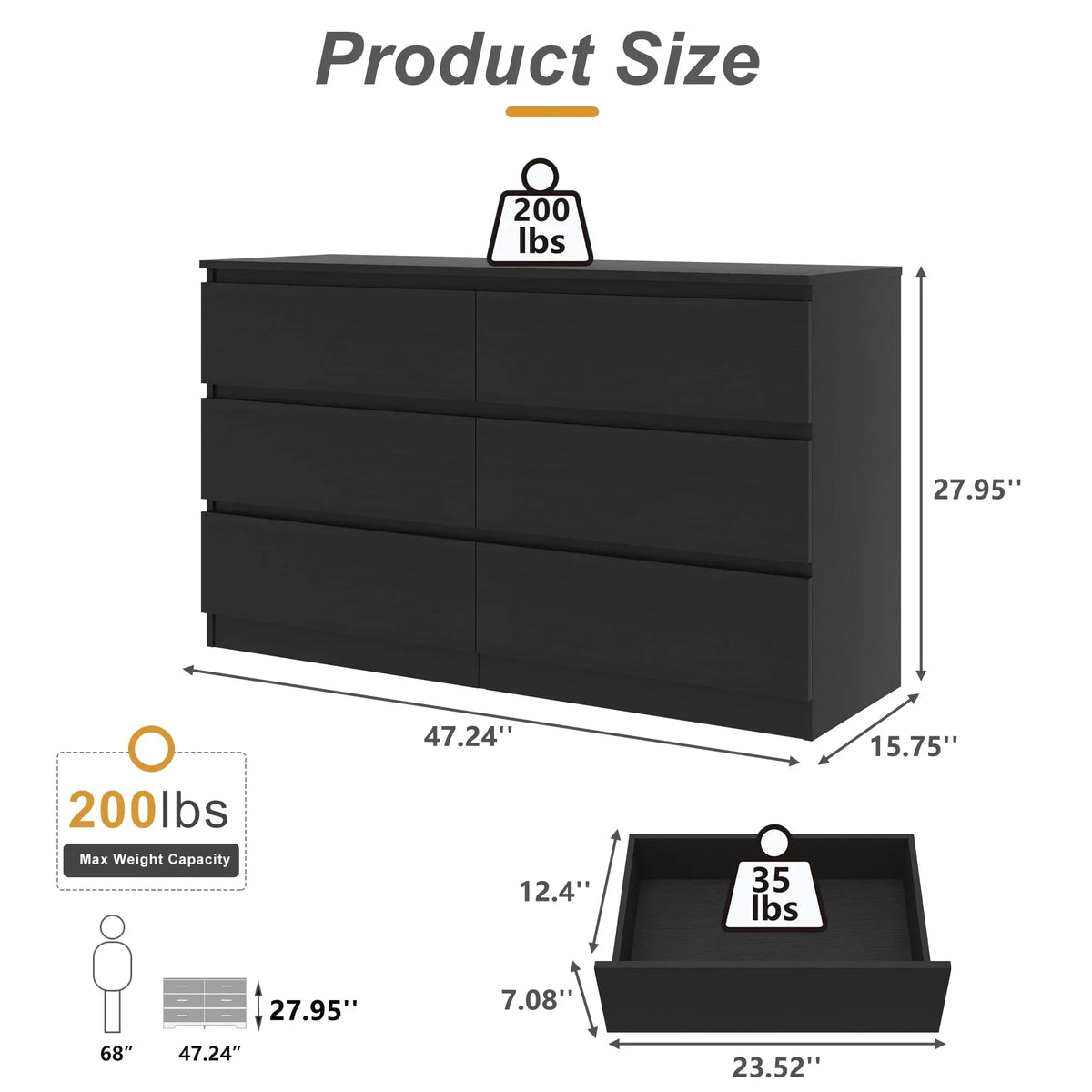 2026 NewKadyn Modern 6 Drawer Dresser Wood Cabinet,Dresser for Bedroom, Kitchen Storage Cabinet with Drawers, Chest of Drawers(Black)