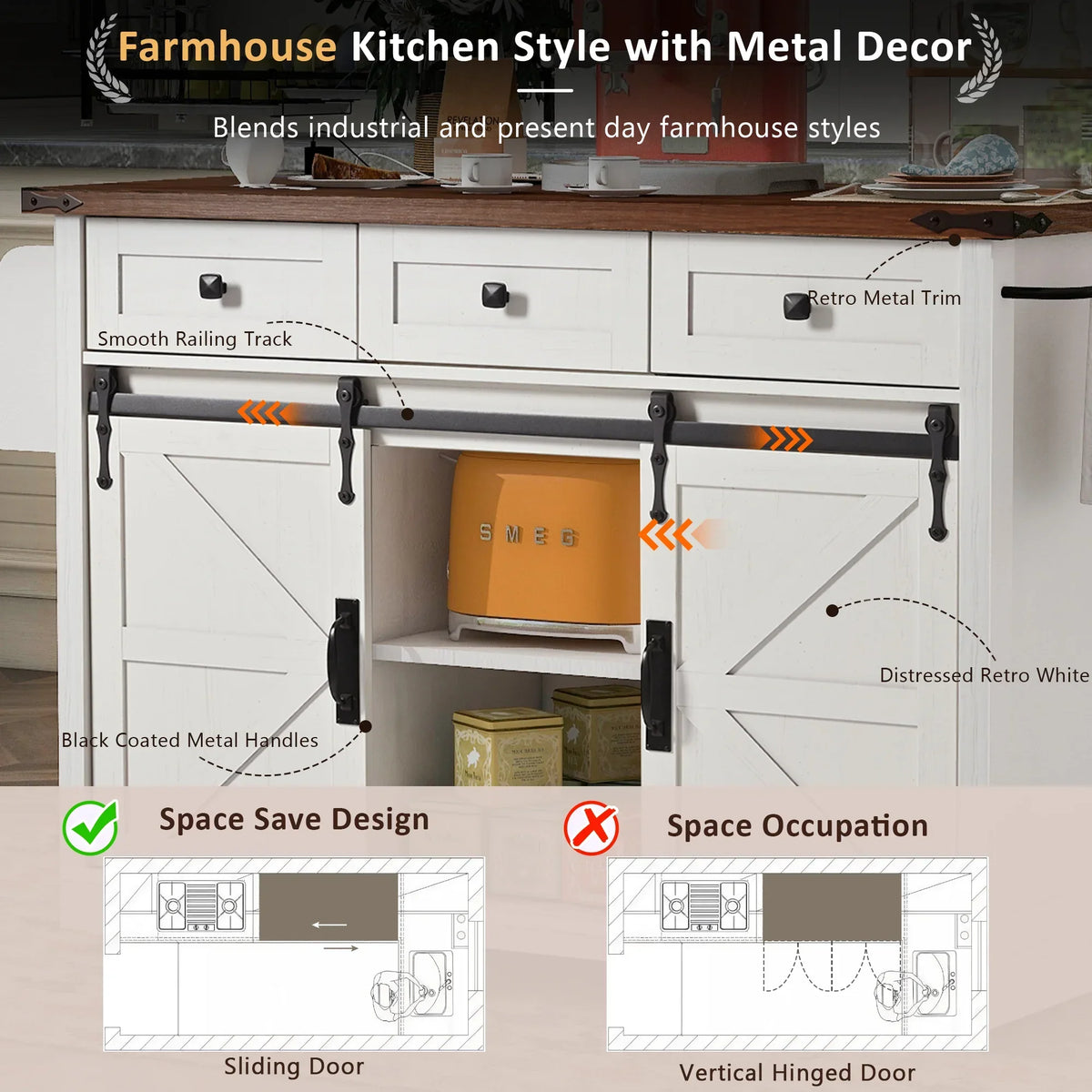 2026 NewHomy Casa Farmhouse 53.7" Kitchen Island with Storage Cabinet, Sliding Barn Doors, and Wheels, White Oak
