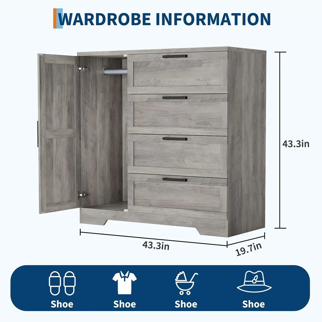 2026 NewAtaucjin Wood Armoire Wardrobe Closet with 4 Drawers and Door, 43.3" H Bedroom Wardrobe Cabinet with Hanging Rod, Clothing Storage Cabinets, 4 Drawers Dresser with Storage Closet