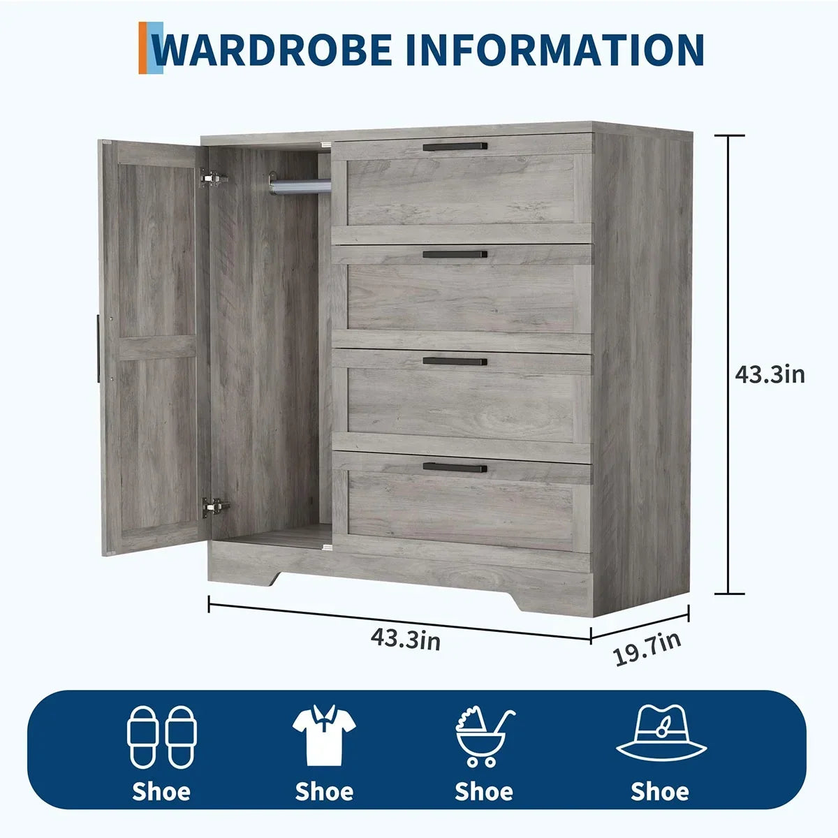 2026 NewAtaucjin Wood Armoire Wardrobe Closet with 4 Drawers and Door, 43.3" H Bedroom Wardrobe Cabinet with Hanging Rod, Clothing Storage Cabinets, 4 Drawers Dresser with Storage Closet