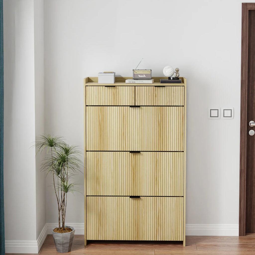 2026 NewShoe Cabinet, Free Standing Tipping Bucket Shoe Rack Organizer with 3 Flip Drawers, Modern Entryway Narrow Shoe Rack with 2 Drawers & Top Storage, for Hallway Bedroom, Walnut