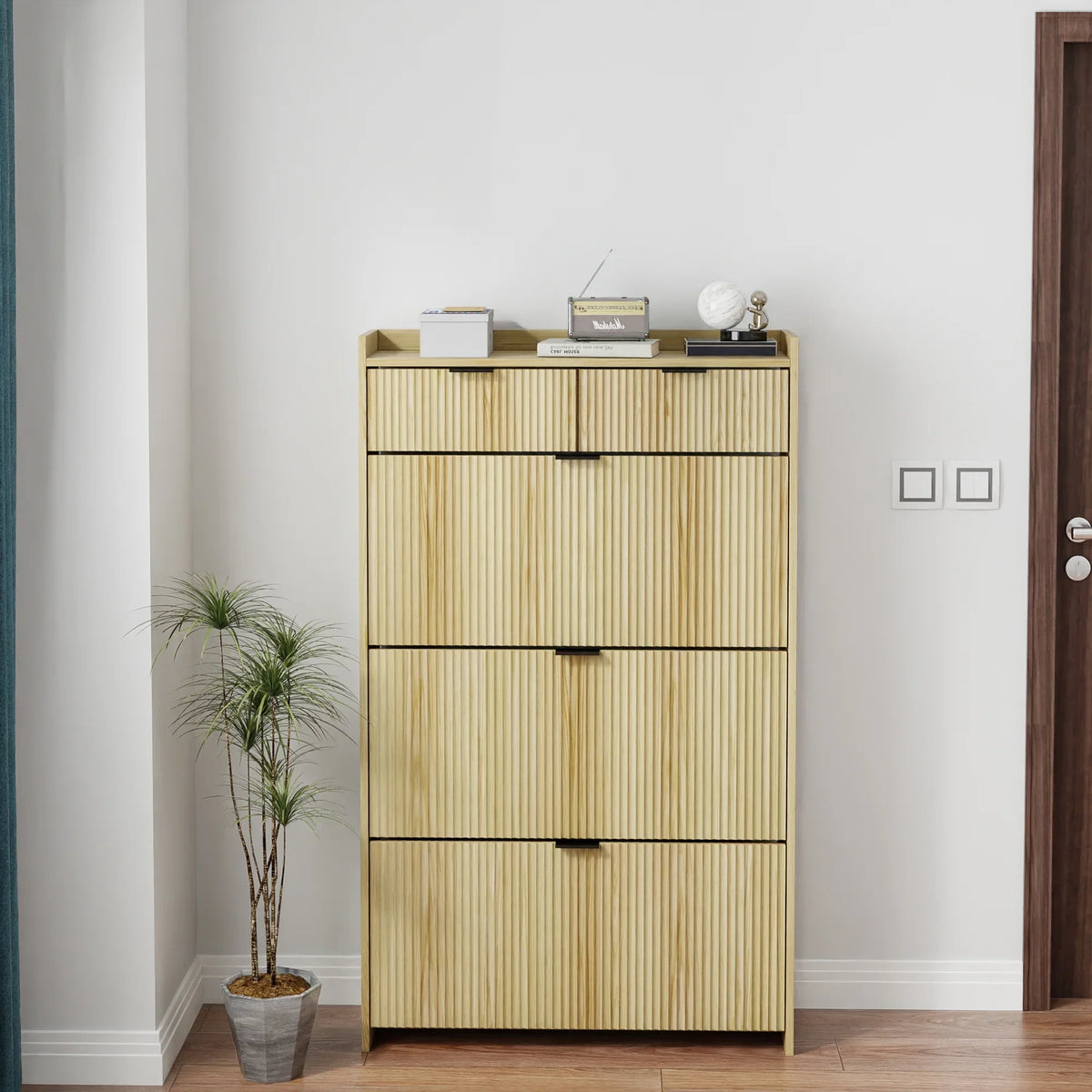 2026 NewShoe Cabinet, Free Standing Tipping Bucket Shoe Rack Organizer with 3 Flip Drawers, Modern Entryway Narrow Shoe Rack with 2 Drawers & Top Storage, for Hallway Bedroom, Walnut