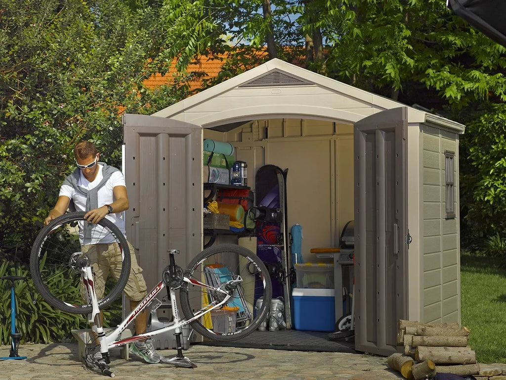 2026 NewKeter Factor 8 x 11 Foot All Weather Resin Outdoor Storage Shed, Taupe