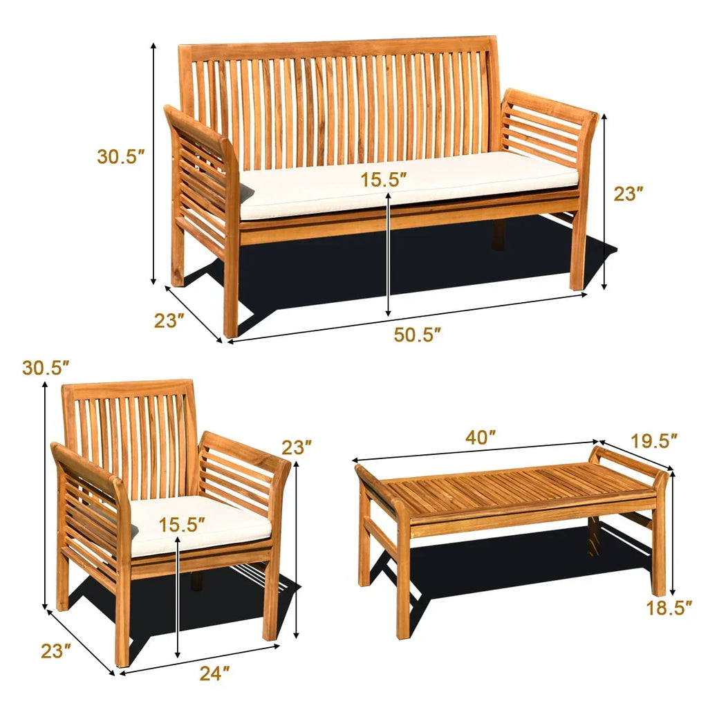 2026 NewCostway 4 PCS Outdoor Acacia Wood Sofa Furniture Set Cushioned Chair Coffee Table Garden