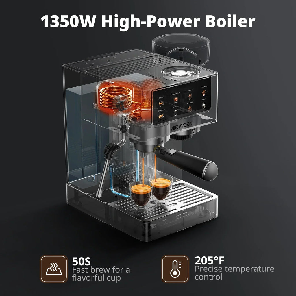 2026 NewAIRMSEN Espresso Machine with Grinder, Espresso Coffee Machine with Customized Grind Amount & Coffee Volume, Cold Brew Coffee Maker for Cappuccino Latte Americano, Brushed Stainless Steel