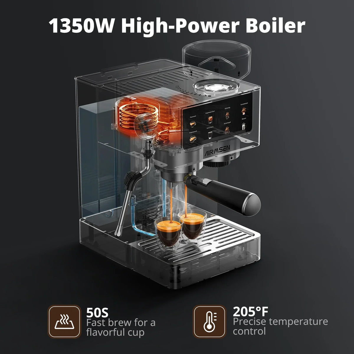 2026 NewAIRMSEN Espresso Machine with Grinder, Espresso Coffee Machine with Customized Grind Amount & Coffee Volume, Cold Brew Coffee Maker for Cappuccino Latte Americano, Brushed Stainless Steel