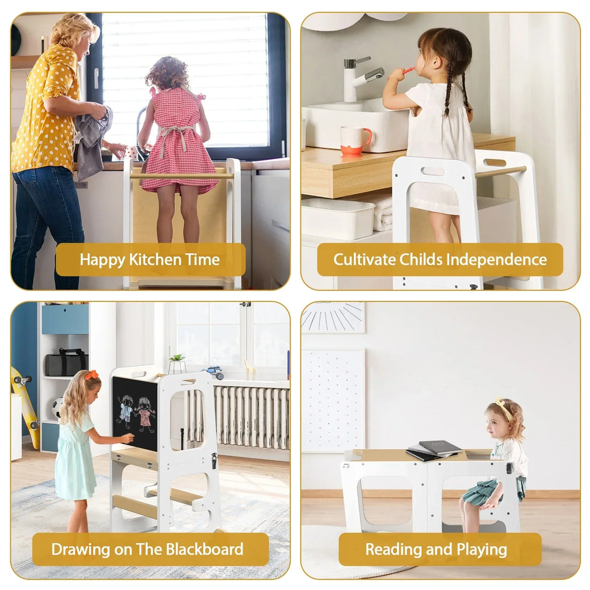 2026 NewJOZ Kitchen Toddlers Step Stool, Montessori Kids Learning Stool, Foldable Toddler Tower for Counter, Standing Helper for Children, 3 Adjustable Heights, Wooden, White