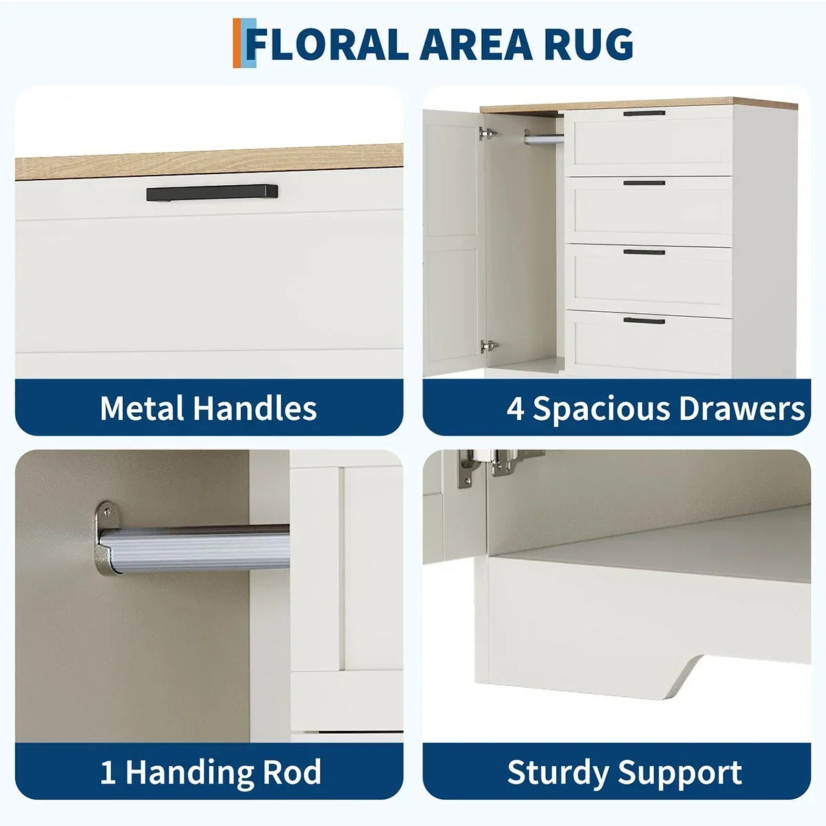 2026 NewAtaucjin Wood Armoire Wardrobe Closet with 4 Drawers and Door, 43.3" H Bedroom Wardrobe Cabinet with Hanging Rod, Clothing Storage Cabinets, 4 Drawers Dresser with Storage Closet