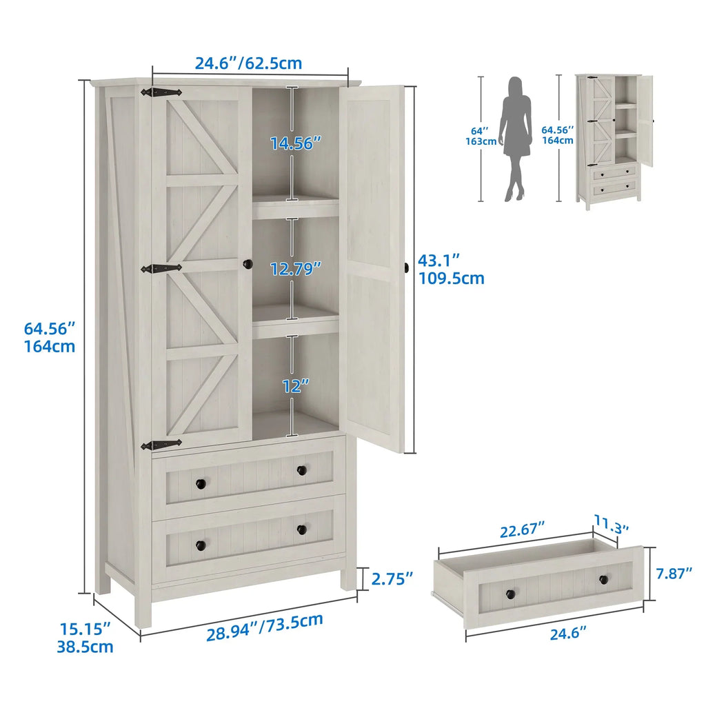 2026 NewDextrus 64.56" Tall Kitchen Pantry Cabinet with 2-Drawer and Adjustable Shelves, White Oak