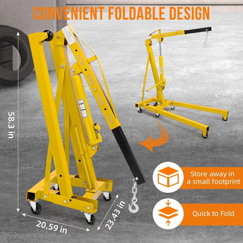 2026 NewJoanKaren 2 Ton Folding Hydraulic Engine Hoist,Heavy-Duty Engine Shop Crane Hoist Lift,Heavy Cherry Picker with 6 Wheels,Yellow