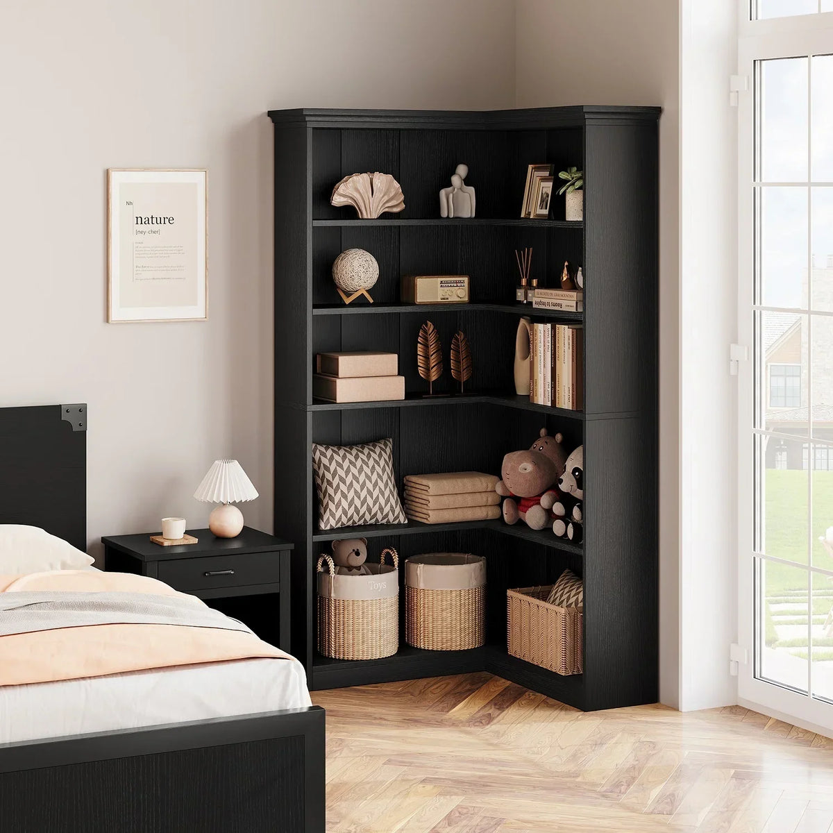 2026 NewEuKer 5 Tier Corner Bookcase, L-Shaped Bookshelf with Large Storage Capacity for Living Room, Bedroom, Office (Half Panel, Retro Brown)