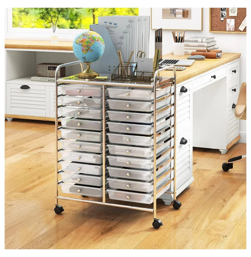 2026 New20 Drawers Storage Cart w/Rolling Wheels, Semi-Transparent Mobile Rolling Drawer Cart for School Classroom Office Home Salon, Files Scrapbook Craft Organizer, Utility Cart on Wheels (Clear)