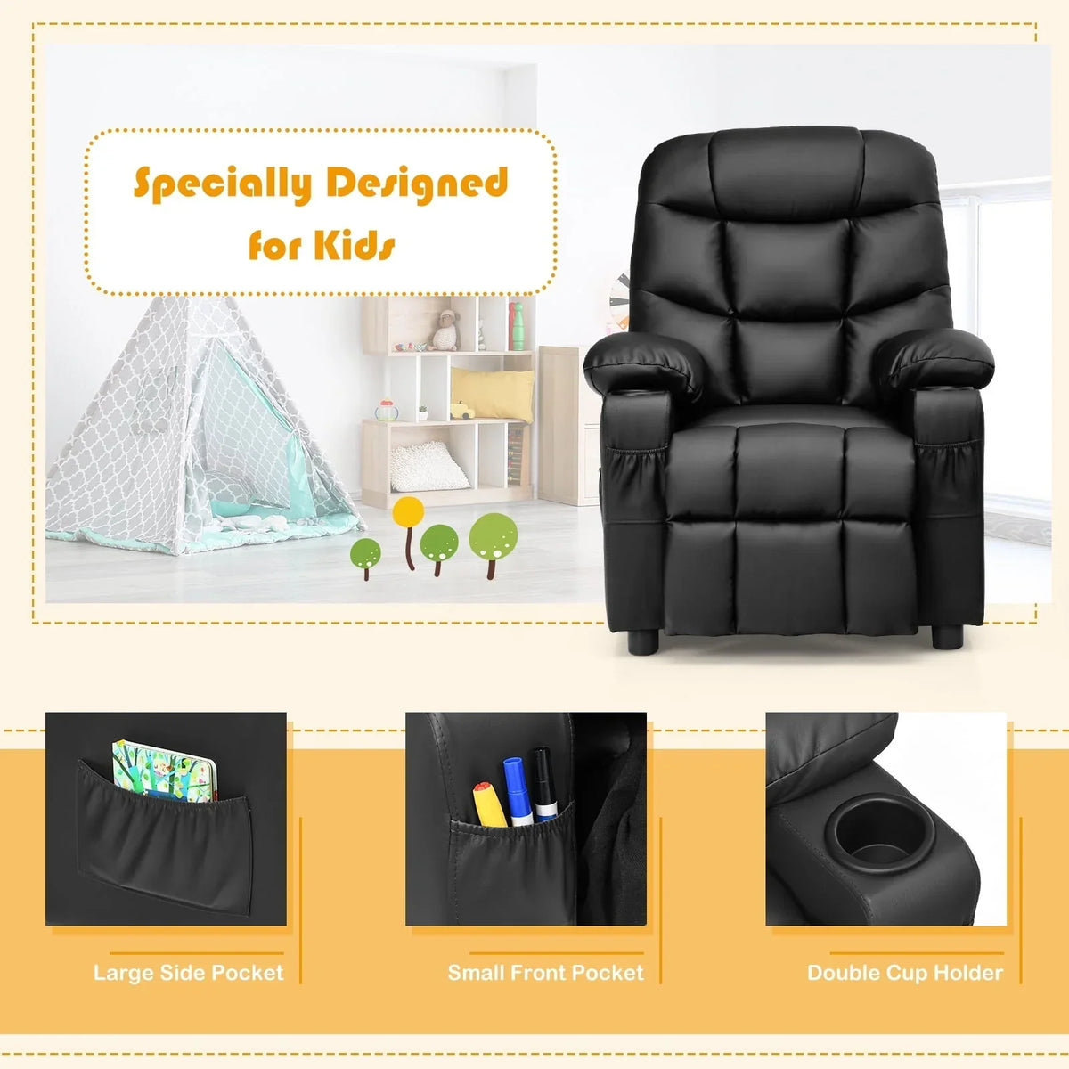 2026 NewInfans Kids Youth Recliner Chair PU Leather w/Cup Holders & Side Pockets Black