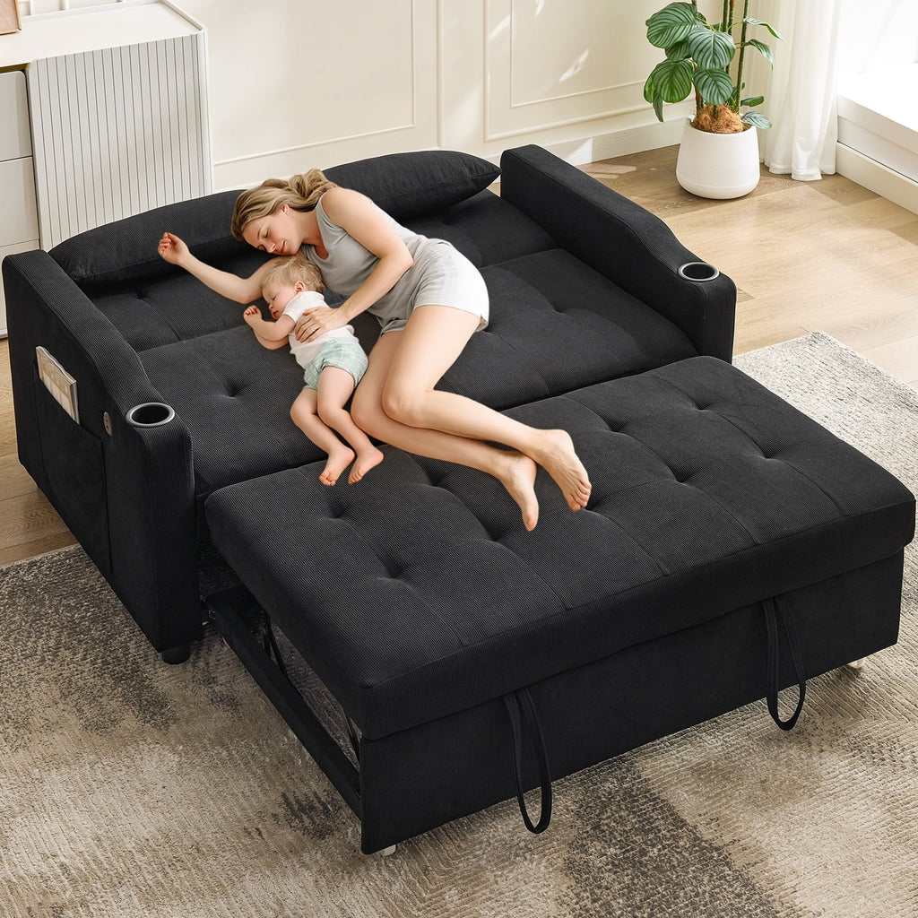 2026 New3 in 1 Convertible Sleeper Sofa Bed, Corduroy Futon Couches with Pull-Out Bed, Adjustable Backrest, Charging Port & Side Pockets, Modern Upholstered Sofa for Living Room, Guest Room