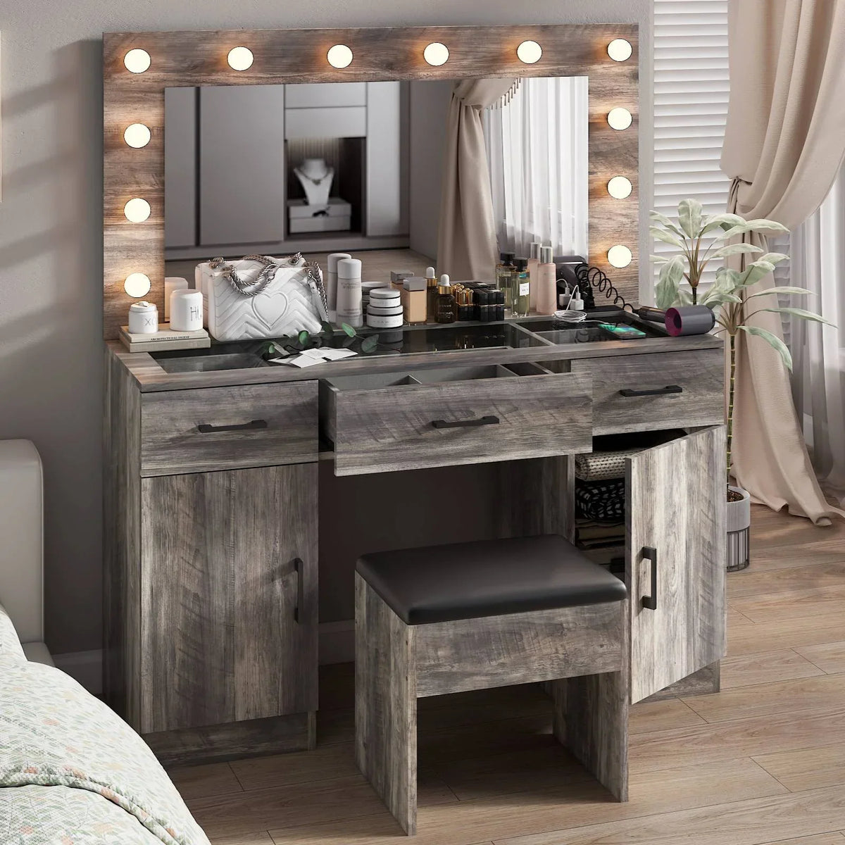 2026 NewKtaxon Large Makeup Vanity, Vanity Table Set w/ Visible Glass Top w/ Charging Station, White