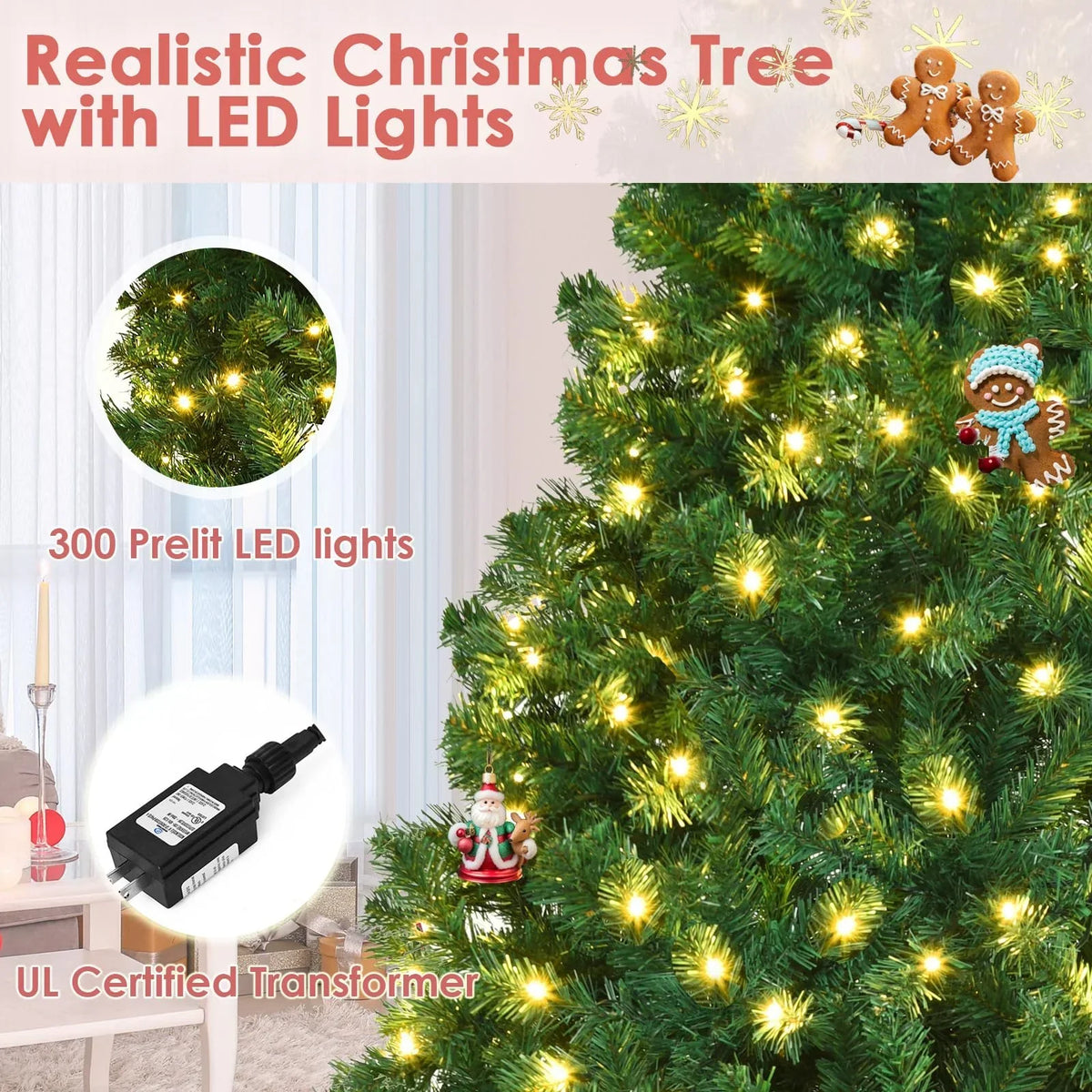 2026 NewVebreda 6FT Pre-Lit Artificial Christmas Tree with 300 Warm White LED Lights, Hinged Branch Design, Eco-Friendly PVC Needles & Foldable Metal Stand for Home, Office & Holiday D"cor