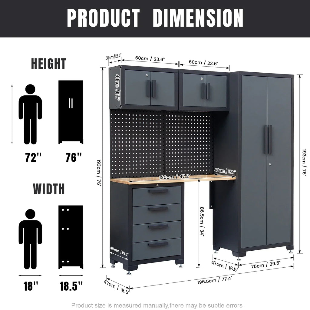 2026 NewHPDMC Garage Storage Cabinet System 7-Pcs Workshop Set Metal Garage Cabinets System with Steel Cabinet Drawers, Workbench, Pegboard for Garage Tool Organization