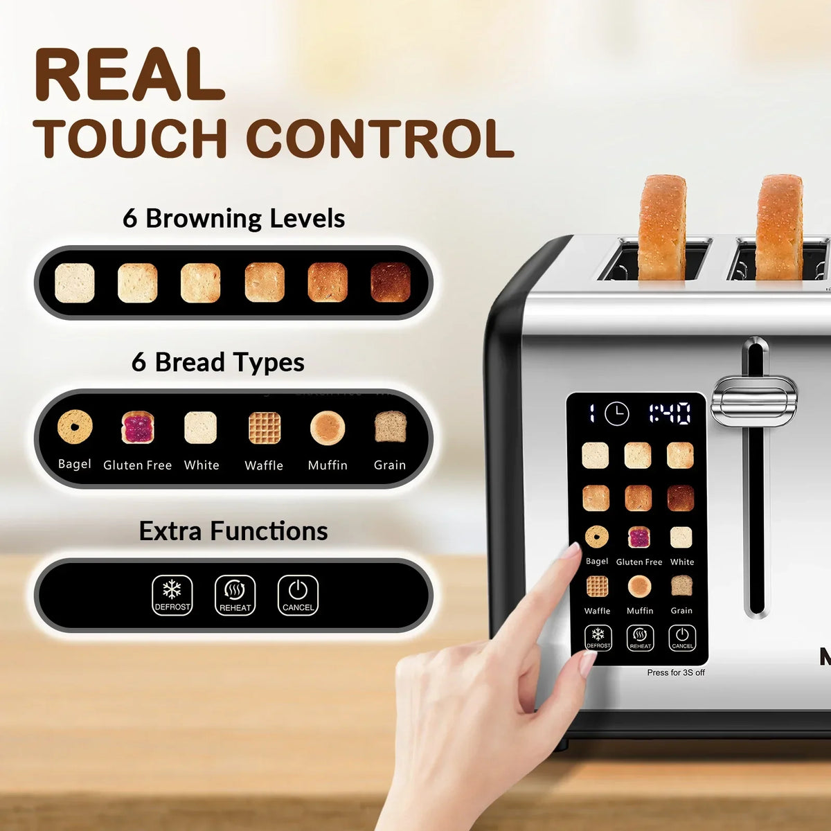 2026 NewMecity 4-Slice Touchscreen Toaster, Stainless Steel, 6 Browning Settings, Reheat, Cancel, Defrost, Removable Tray