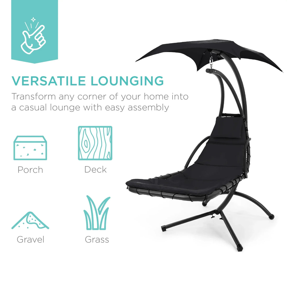 2026 NewBest Choice Products Hanging Curved Chaise Lounge Chair Swing for Backyard, Patio w/ Pillow, Shade, Stand - Teal
