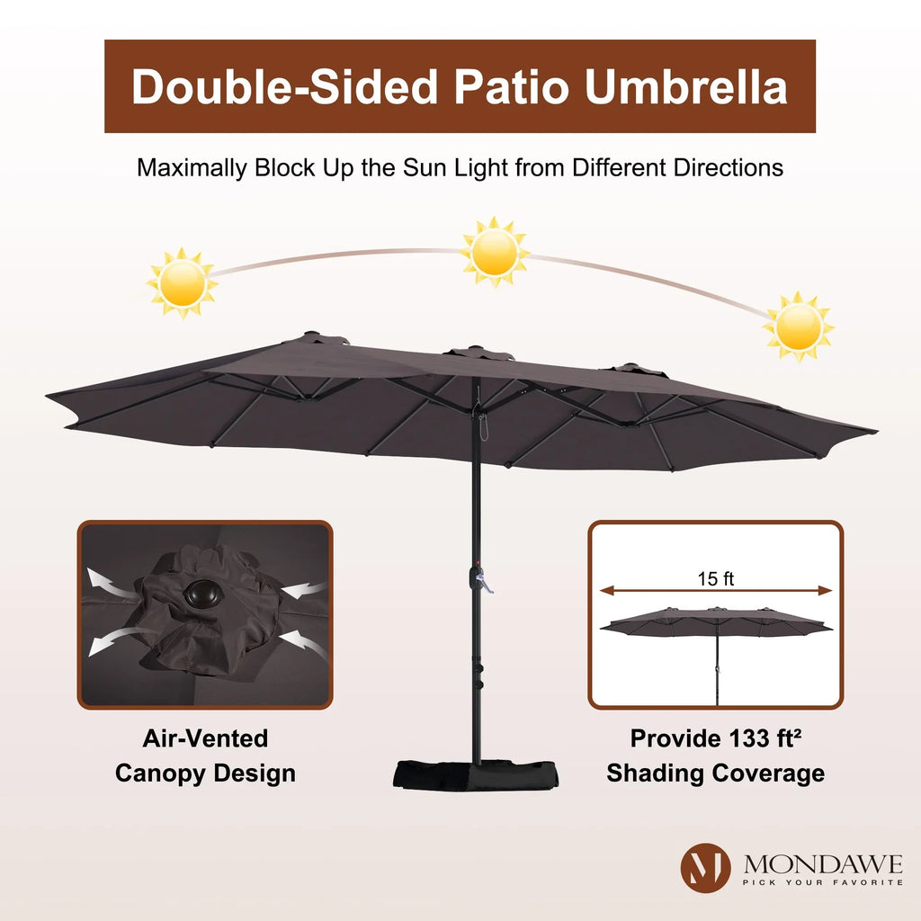 2026 NewMondawe 15ft Patio Umbrella Rectangular Outdoor Market Umbrella with Base and LED Lights Beige