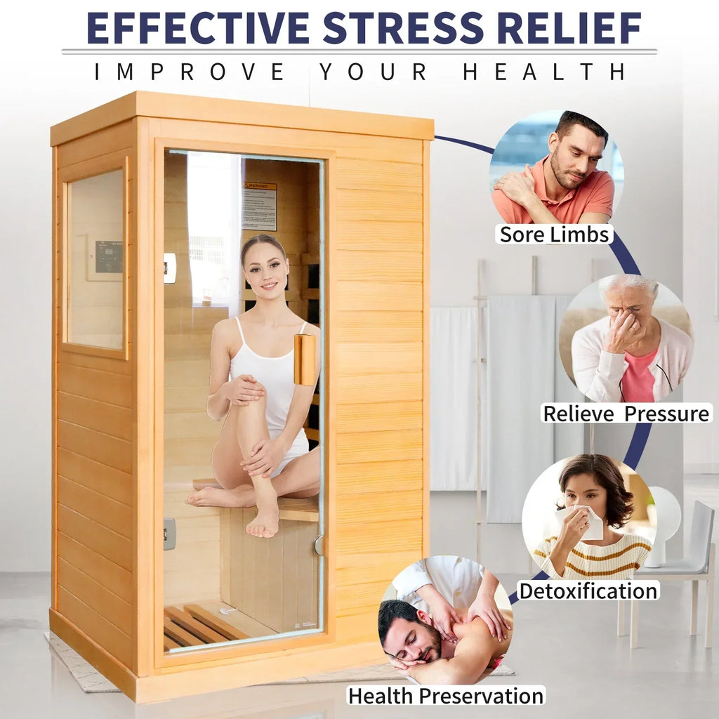 2026 NewOUTEXER 800W Far Infrared Sauna with Carbon Heaters, Canadian Hemlock Wood, Indoor Use