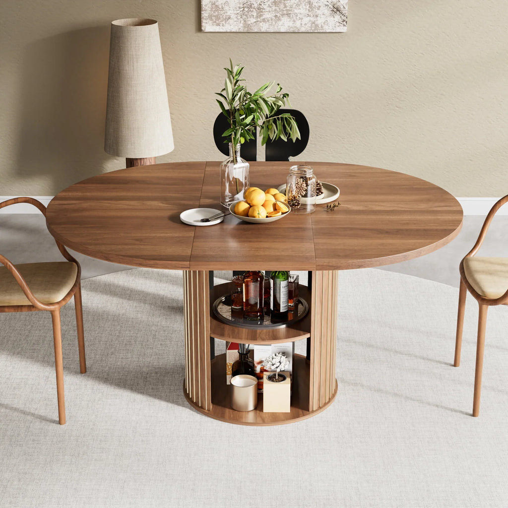 2026 NewExtendable Dining Table for 4-6, Round Kitchen Table with Storage Shelf, Oval Dining Tables for Living Room (Walnut)