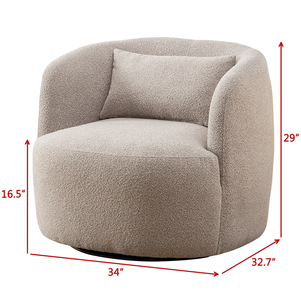 2026 New34" Wide Boucle Swivel Barrel Chair, No Assembly Round Upholstered Armchair Accent Chair Single Sofa Chair with Toss Pillow for Living Room and Bedroom, Taupe