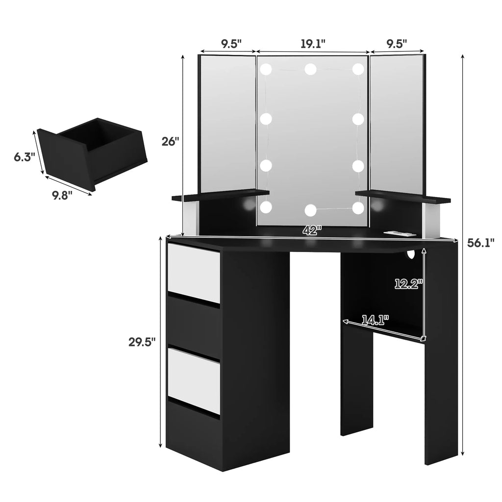 2026 NewVeanerwood White Corner Vanity Desk with Mirror and Light,Makeup Table with 4 Drawers and Charging Station for Bedroom