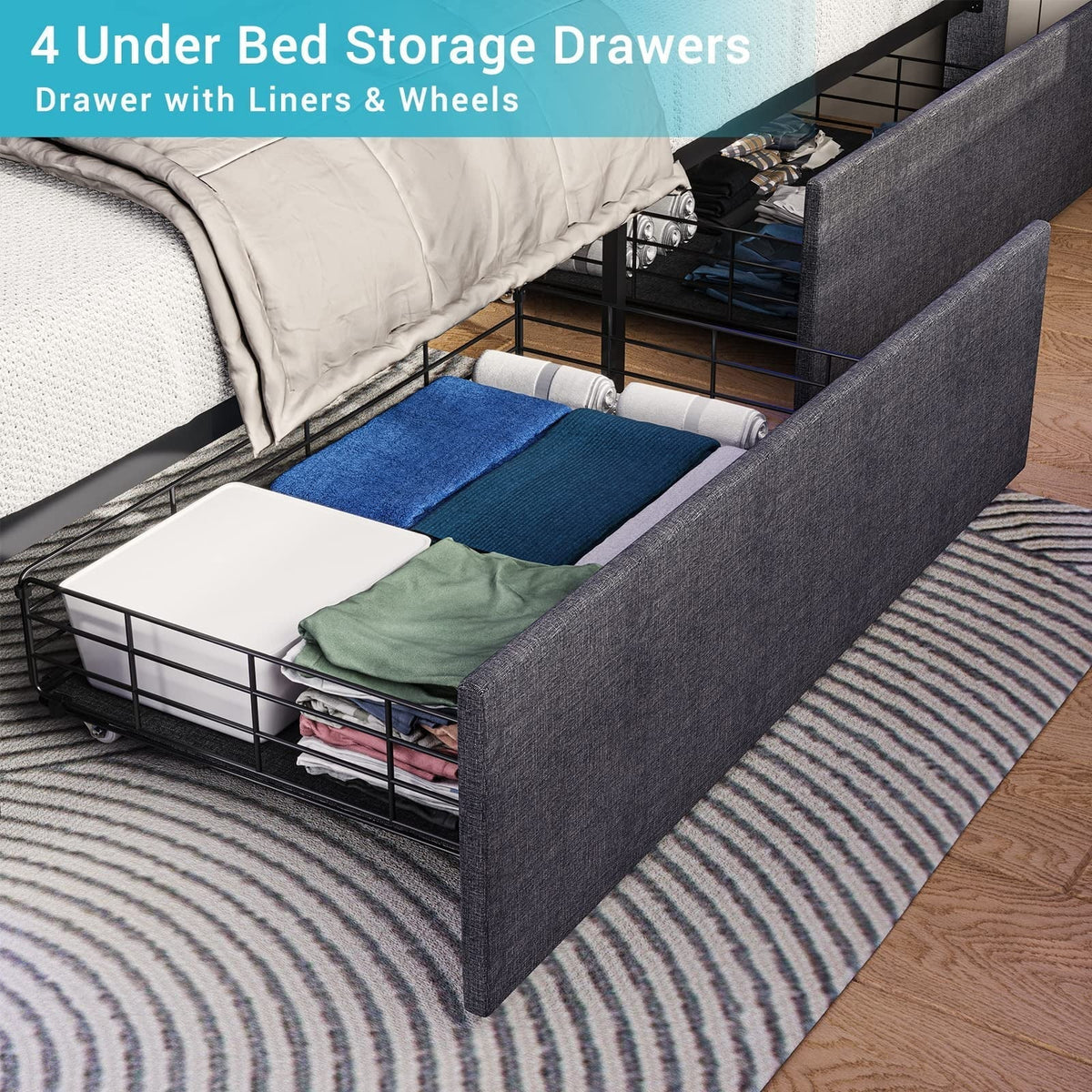2026 NewFull Size Bed Frame with 4 Storage Drawers, Platform Bed Frame with 2 USB Ports, Upholstered Bed with LED Headboard Footboard, Square Stitched Button Tufted Design, Dark Grey