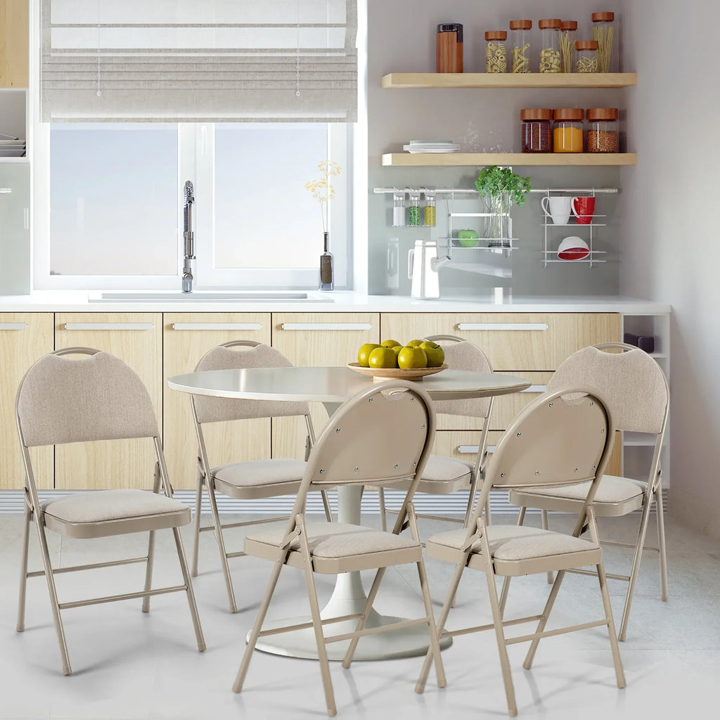 2026 NewCostway Set of 6 Folding Chairs Fabric Upholstered Padded Seat Metal Frame Home Office Beige