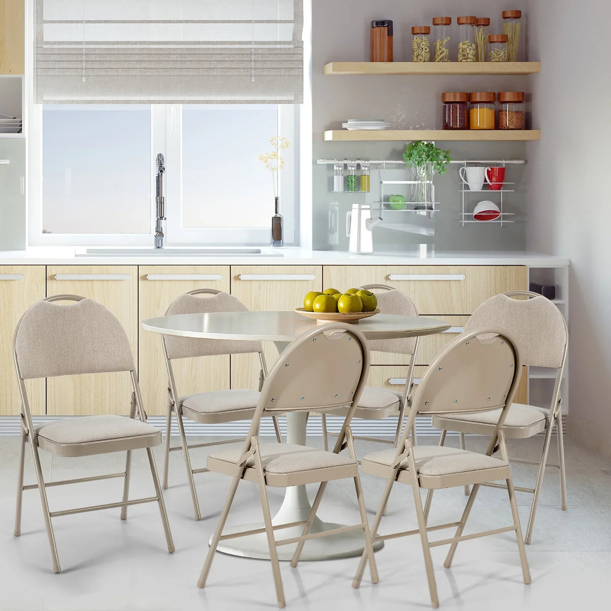 2026 NewCostway Set of 6 Folding Chairs Fabric Upholstered Padded Seat Metal Frame Home Office Beige