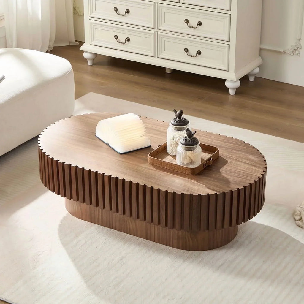 2026 NewFFH 43.7 inch Oval Coffee Table for Living Room,Handcraft Rustic Corner Coffee Table Nature Wood Relief Sturdy Pedestal for Apartmen,Side Table Centre Table,Nature Wood