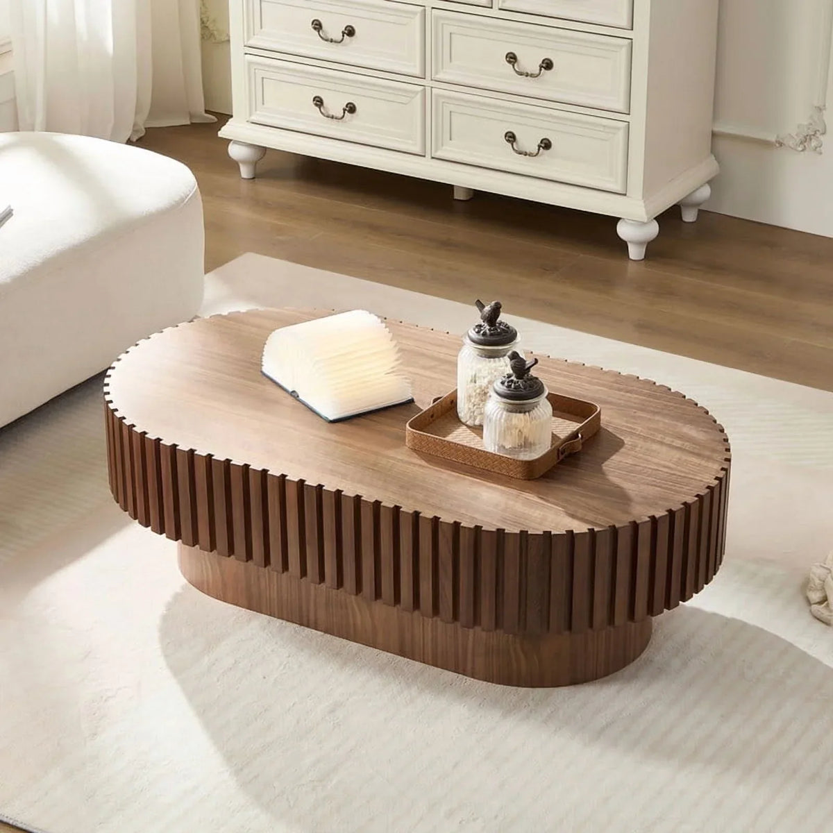 2026 NewFFH 43.7 inch Oval Coffee Table for Living Room,Handcraft Rustic Corner Coffee Table Nature Wood Relief Sturdy Pedestal for Apartmen,Side Table Centre Table,Nature Wood