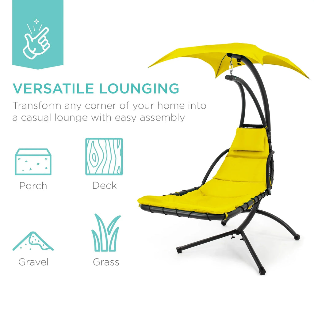 2026 NewBest Choice Products Hanging Curved Chaise Lounge Chair Swing for Backyard, Patio w/ Pillow, Shade, Stand - Teal