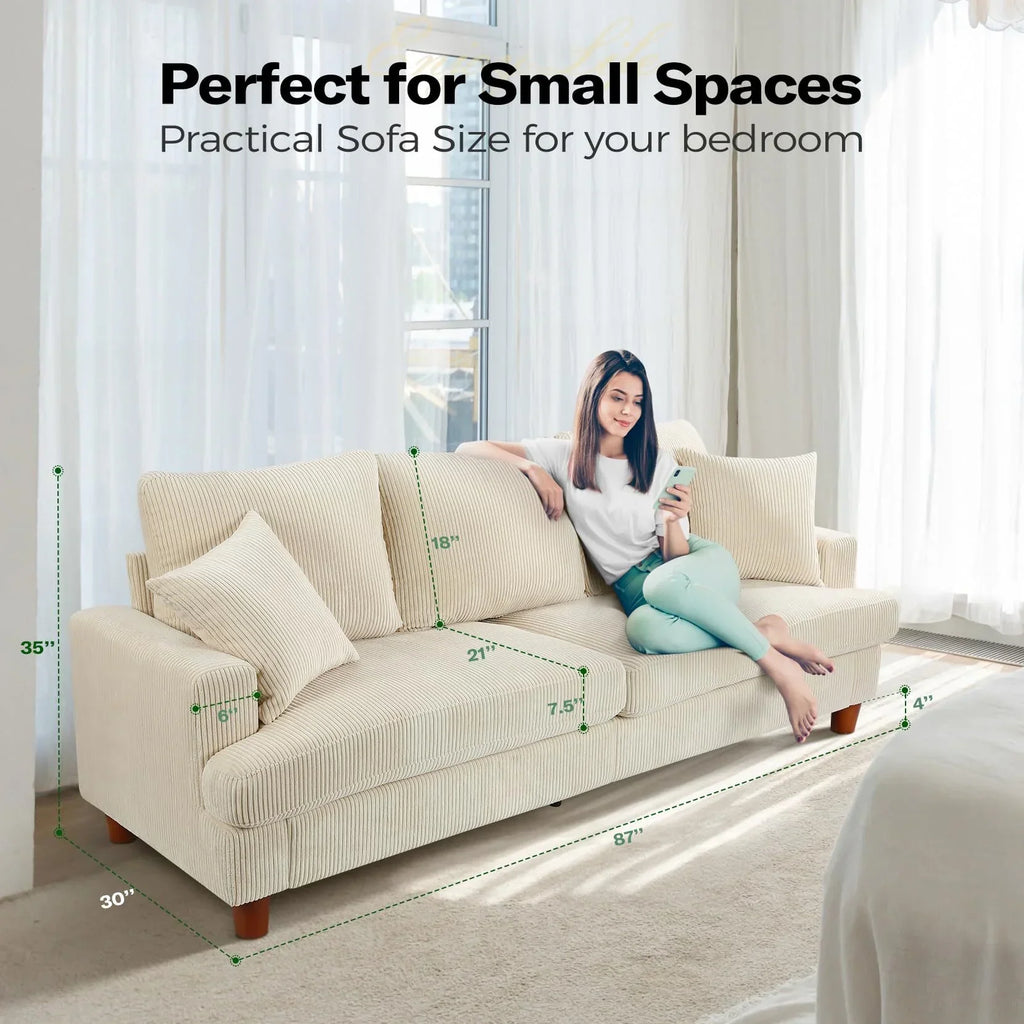 2026 New87" Corduroy Sofa,3 Seater Sofa with Extra Deep Seats,Neche Comfy Upholstered Couch for Living Room,2 Pillows,Green