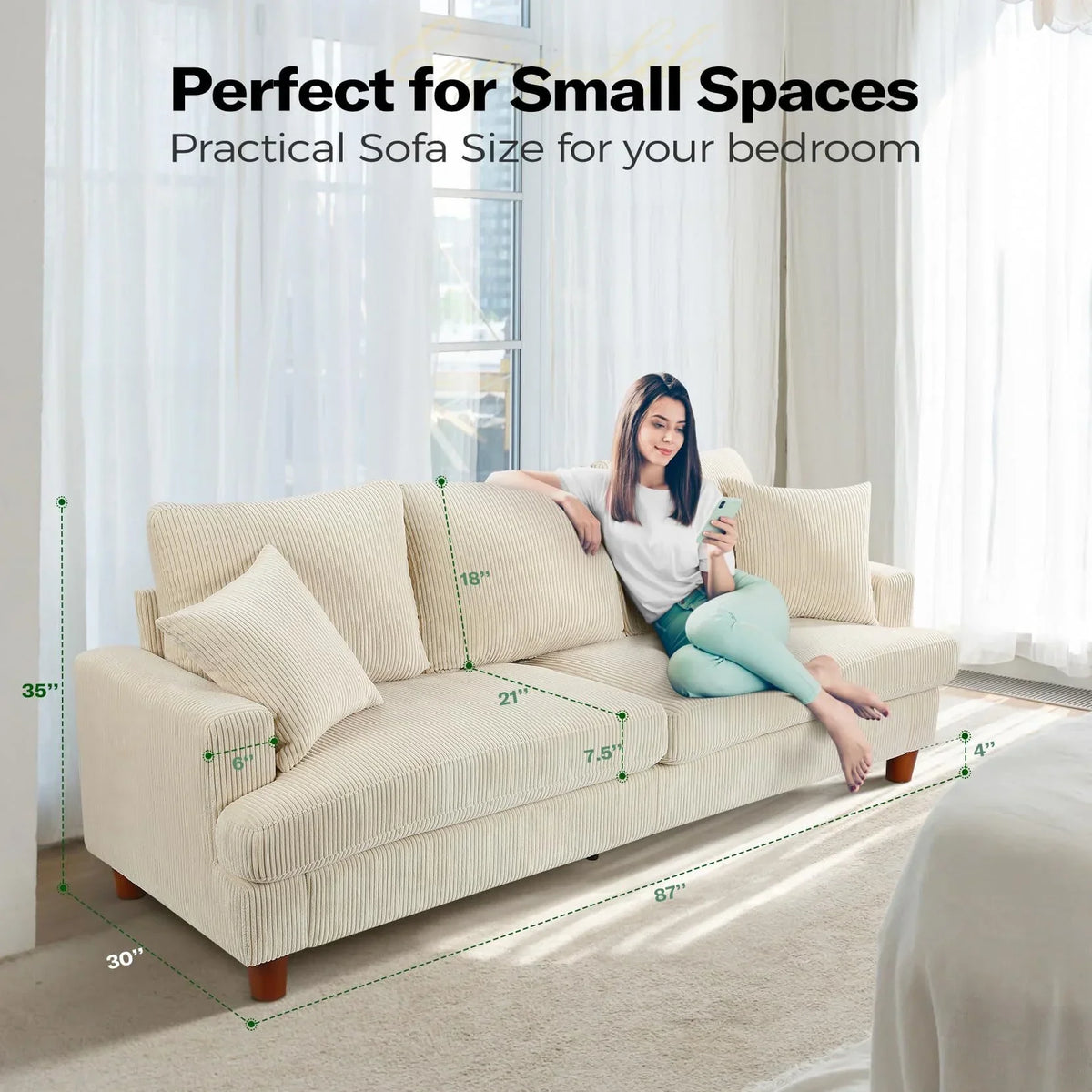 2026 New87" Corduroy Sofa,3 Seater Sofa with Extra Deep Seats,Neche Comfy Upholstered Couch for Living Room,2 Pillows,Green
