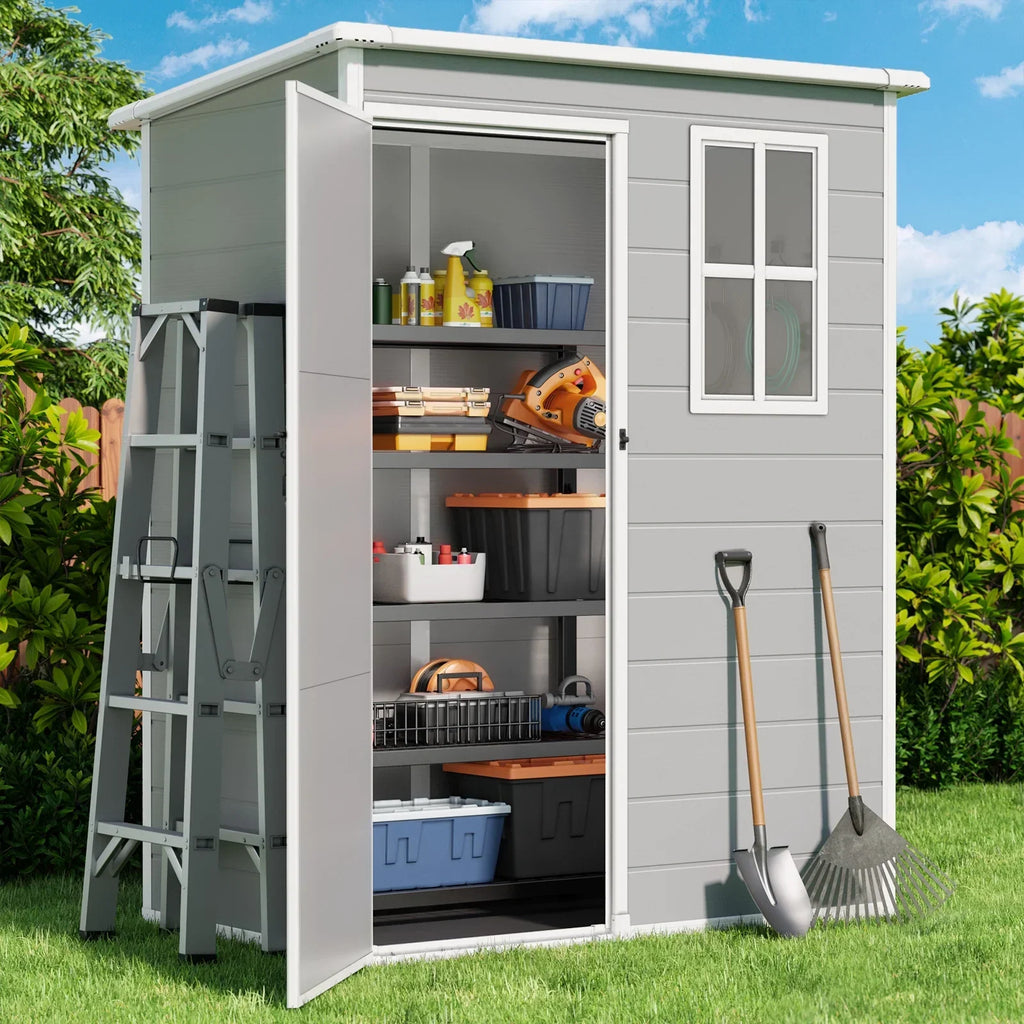2026 New5' x 3' Outdoor Storage Shed, Lofka Resin Outdoor Storage Cabinet with Double Lockable Doors, Waterproof Tool Shed, Gray