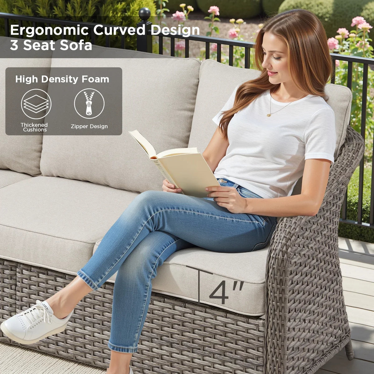 2026 New3-Seat Patio Wicker Sofa Outdoor Rattan Couch Furniture Steel Frame with Beige cushion&Waterproof Cover, Gray