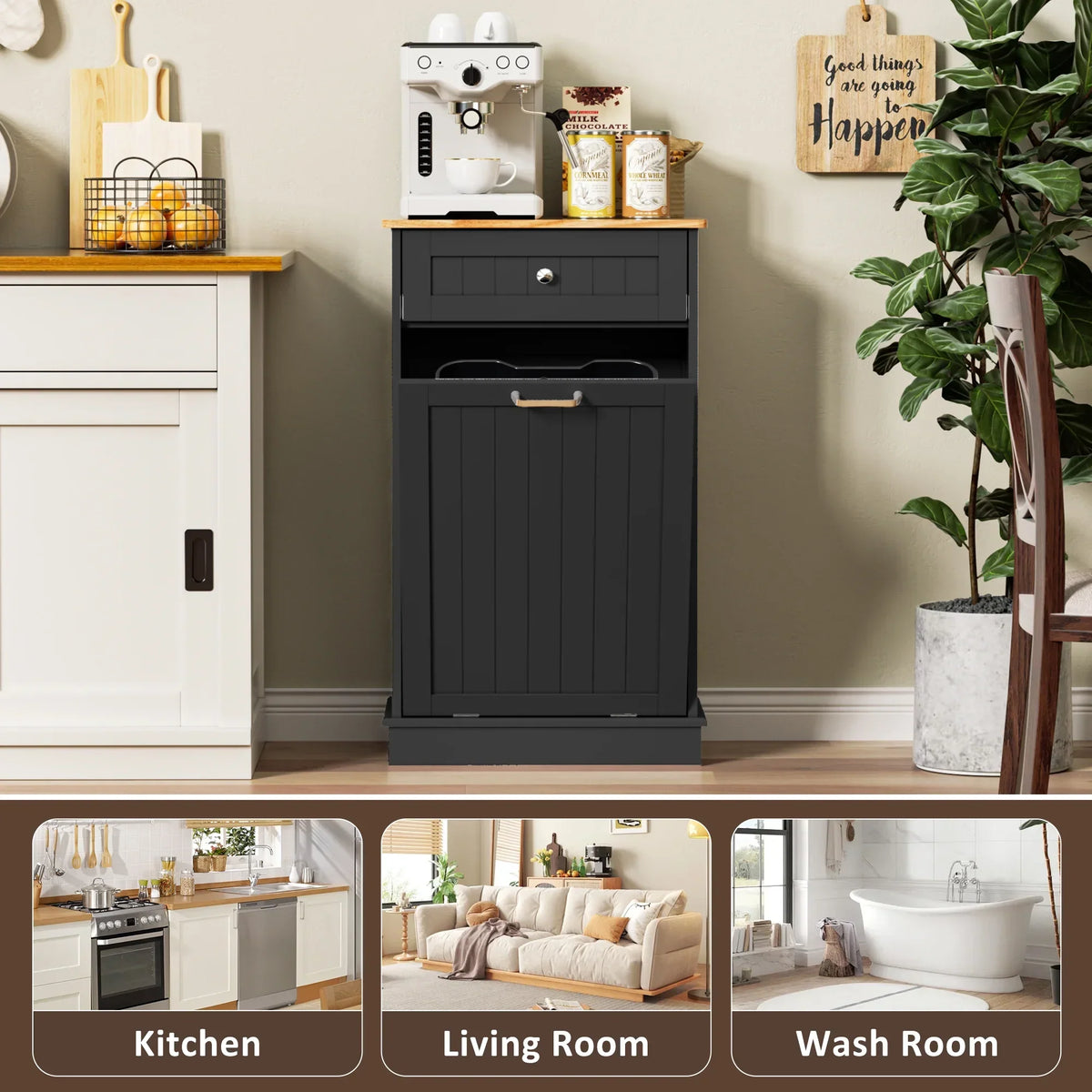 2026 NewHARIPUL Single Tilt Out Trash Cabinet for 13 Gallon Waste Bin, Free Standing Kitchen Trash Can Cabinet with Drawers, White
