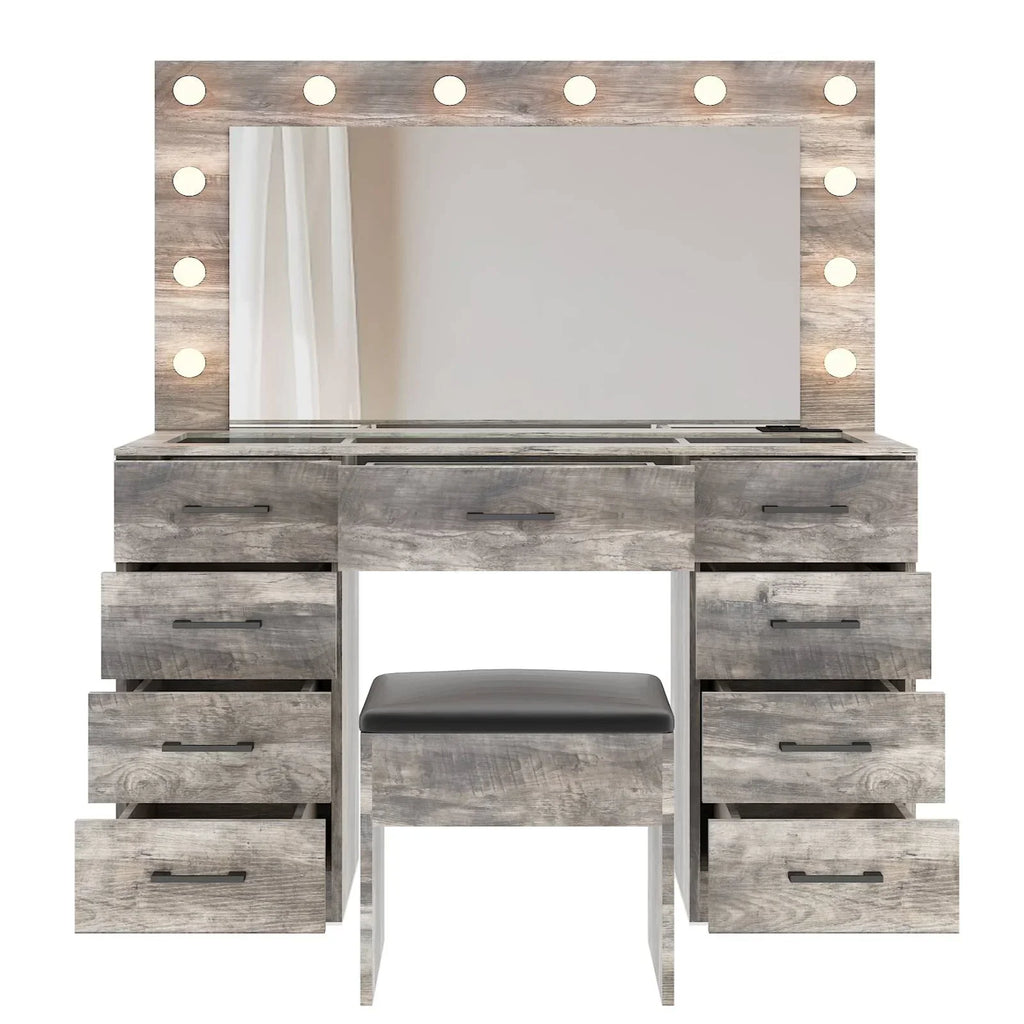2026 NewKtaxon Large Makeup Vanity, Vanity Table Set w/ Visible Glass Top w/ Charging Station, White