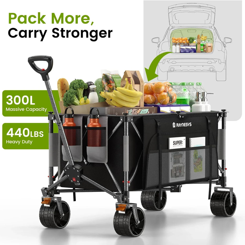 2026 NewRaynesys 300L Foldable Wagon Cart with Wheels, 440lbs Heavy Duty Beach Wagon for Sand Sports Camping Grocery, Black & Gray