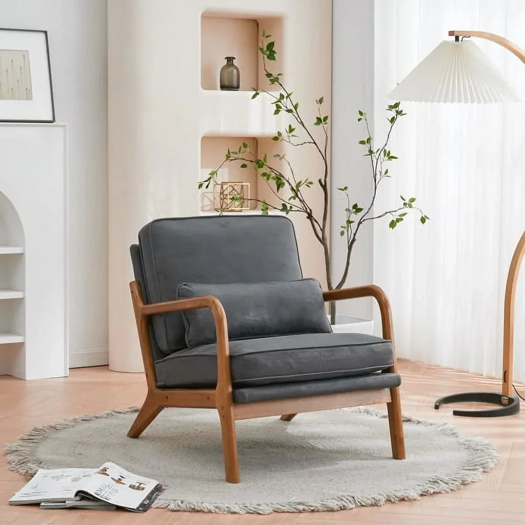 2026 NewAccent Chairs, Single Linen Lounge Reading Armchair with Solid Wood Frame, Mid Century Modern Easy Assembly Arm Chairs for Living Room-Beige