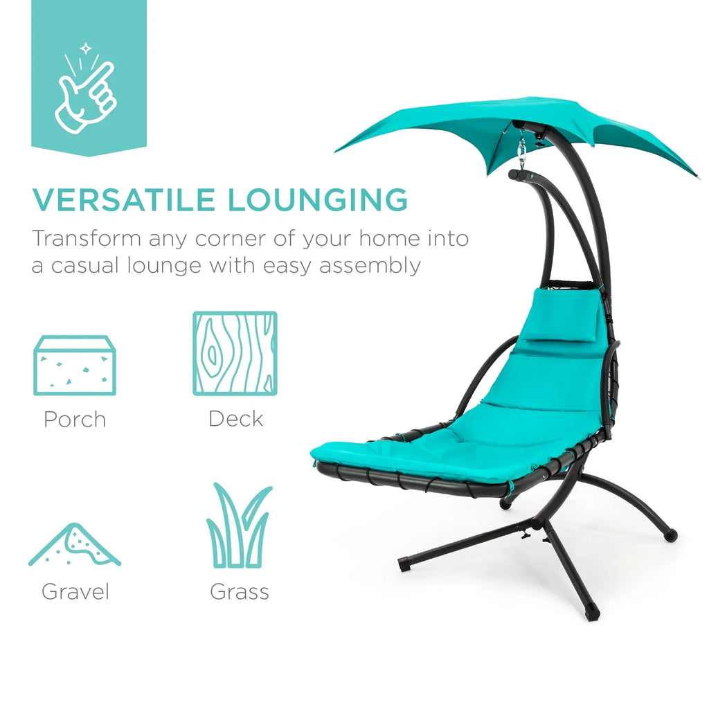 2026 NewBest Choice Products Hanging Curved Chaise Lounge Chair Swing for Backyard, Patio w/ Pillow, Shade, Stand - Teal