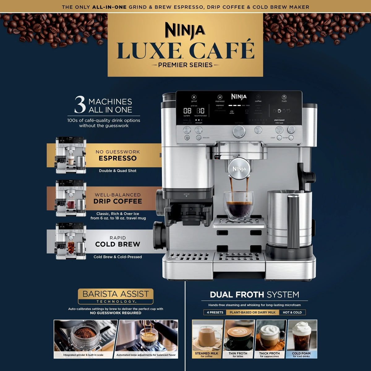 2026 NewNinja Luxe Cafe Premier Series, Stainless Steel Espresso Machine and Drip Coffee Maker with integrated Coffee Grinder and Milk Frother, ES601