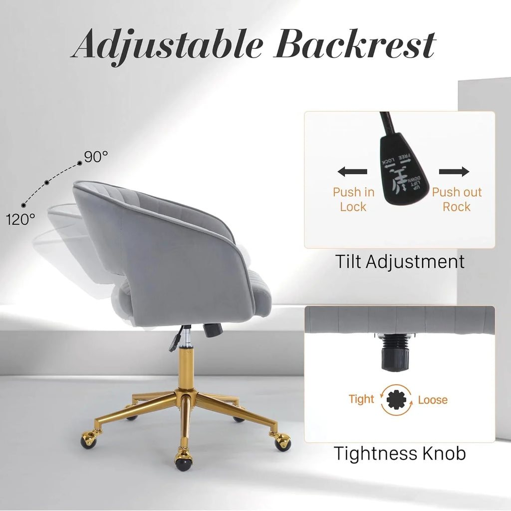 2026 NewHome Office Swivel Desk Chair, Modern Velvet Vanity Chair, Height Adjustable Armchair with Gold Base, Ergonomic Office Chair for Task Study Computer Room, Beige