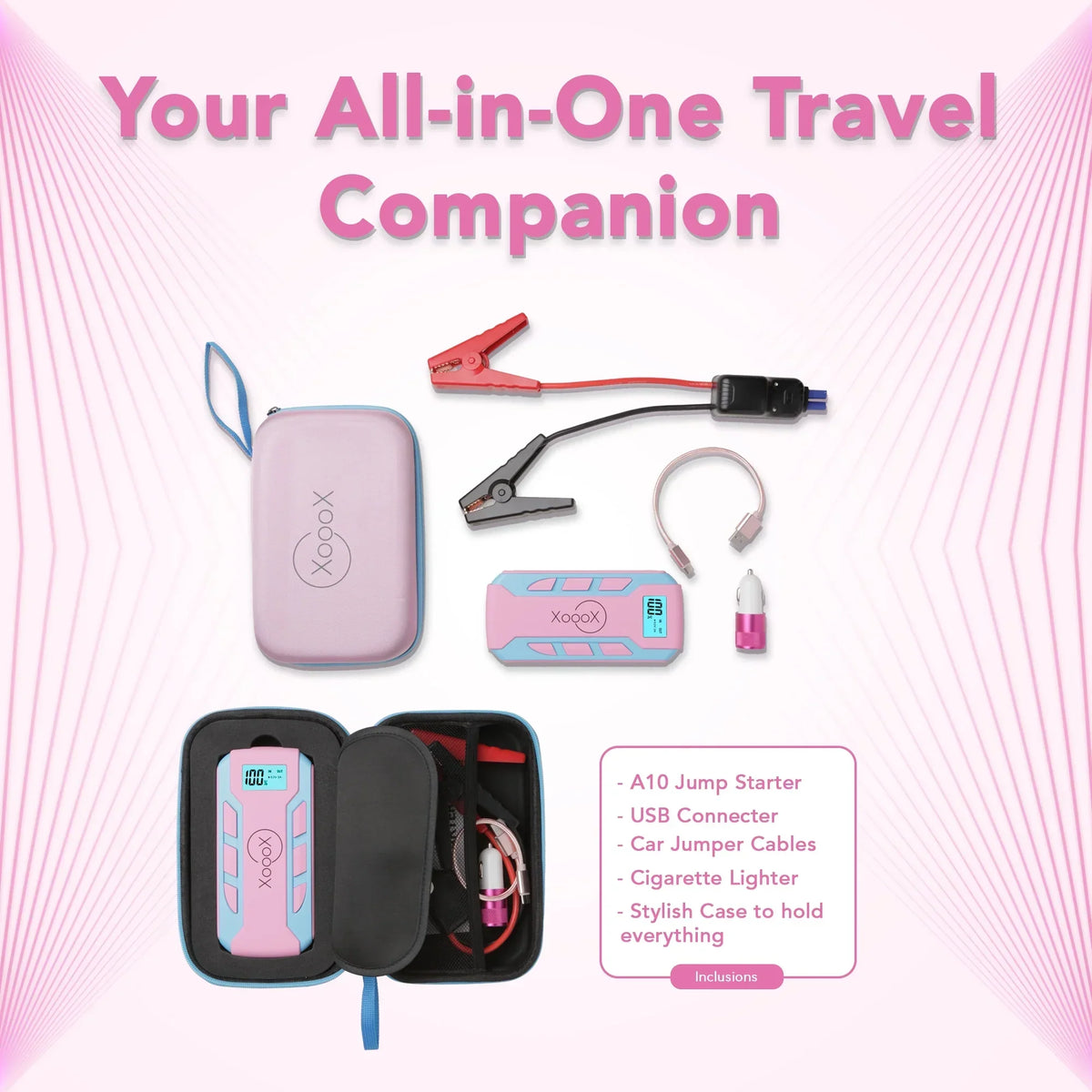 2026 NewXoooX Pink Portable Car Battery Jump Starter Kit with Jumper Cables, LED Light and Case; 12V Jump Start Battery Pack; Portable Battery Charger for USB/USB-C Devices